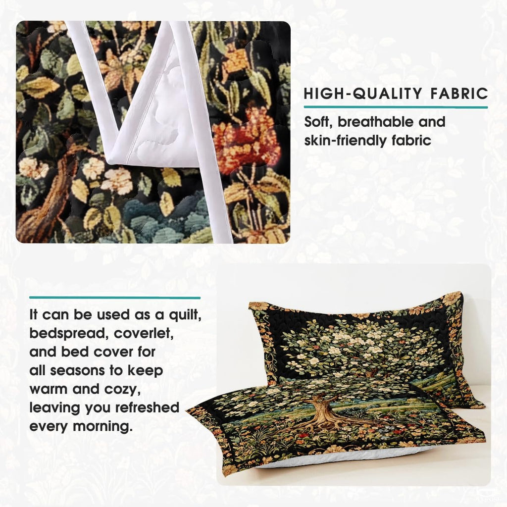 Nature Tree of Life Quilt Set with Blooming Tree and Bedroom And Exposed Roots