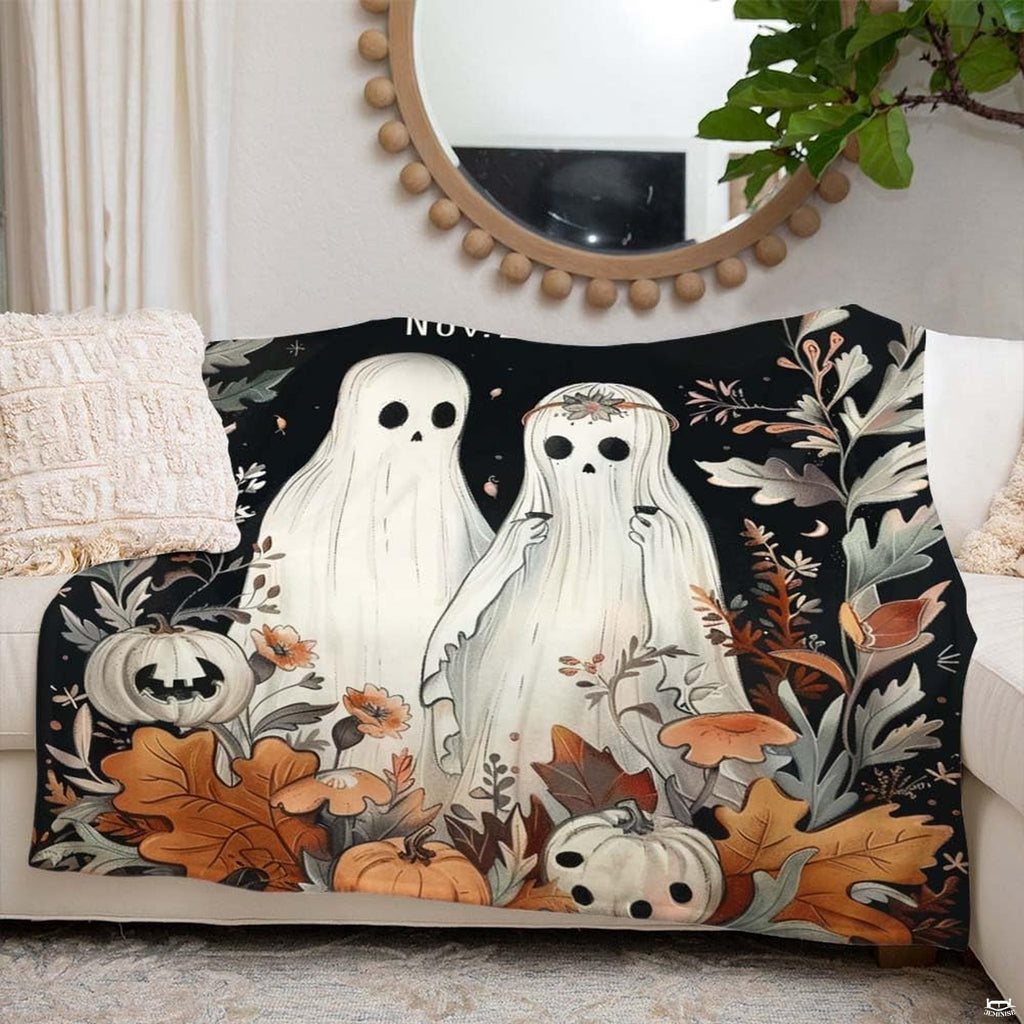 thematic accent bedroom styling featuring whimsical ghost motif fall halloween bedding with seasonal accents.