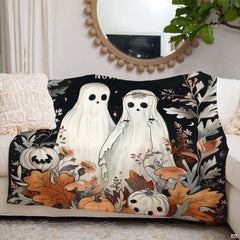 thematic accent bedroom styling featuring whimsical ghost motif fall halloween bedding with seasonal accents.