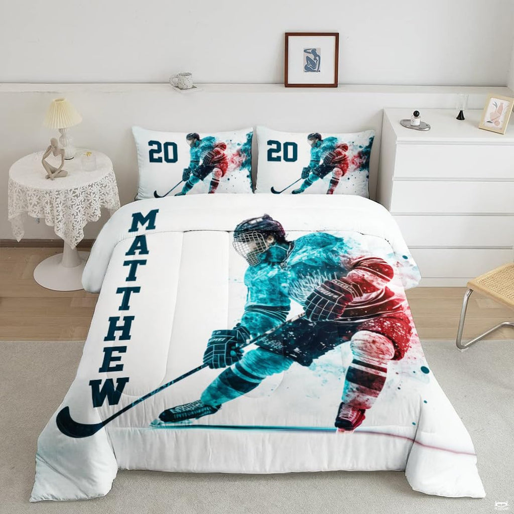 Ocean teal and coral ice hockey goalie sports bedding set displayed neatly on a bed in a modern youth bedroom