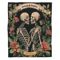 Gothic skeleton couple throw blanket view 2 highlighting embracing skeletons, blooming roses, and banner accents