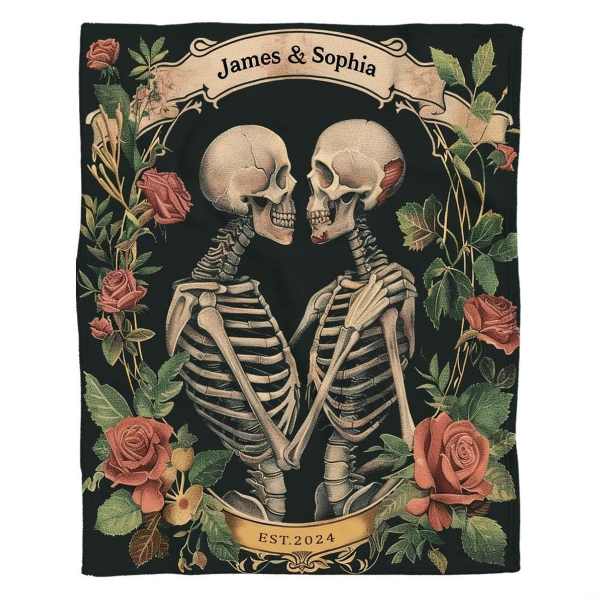 Gothic skeleton couple throw blanket view 2 highlighting embracing skeletons, blooming roses, and banner accents