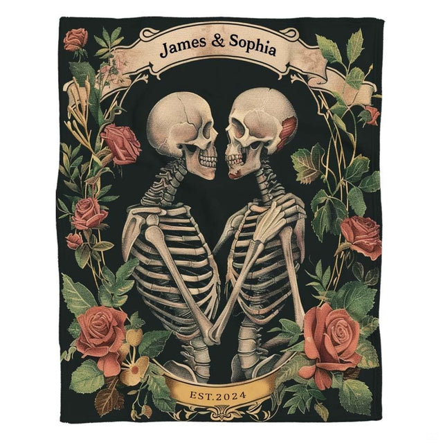 Gothic skeleton couple throw blanket view 2 highlighting embracing skeletons, blooming roses, and banner accents