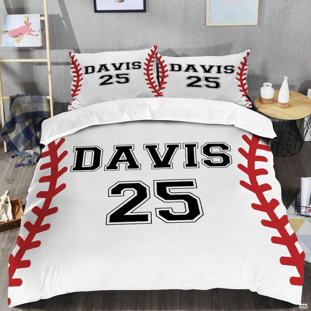 Close view of baseball sports motif detailing curved red seams and crisp textured white graphics on bedding.