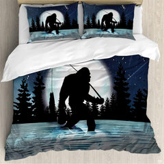 Bigfoot fishing bedding set with moonlit lake scenery and evergreen pines.