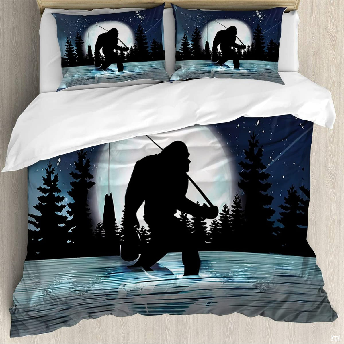Bigfoot fishing bedding set with moonlit lake scenery and evergreen pines.