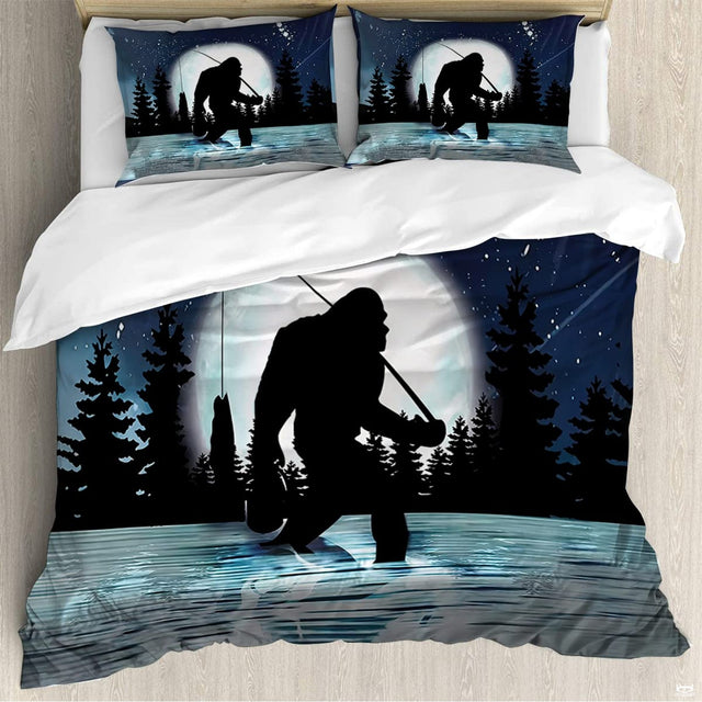 Bigfoot fishing bedding set with moonlit lake scenery and evergreen pines.
