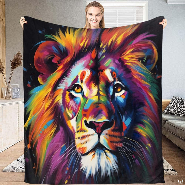 Rainbow lion oil painting bedding set featuring vibrant multicolored brushstrokes on a deep black background.