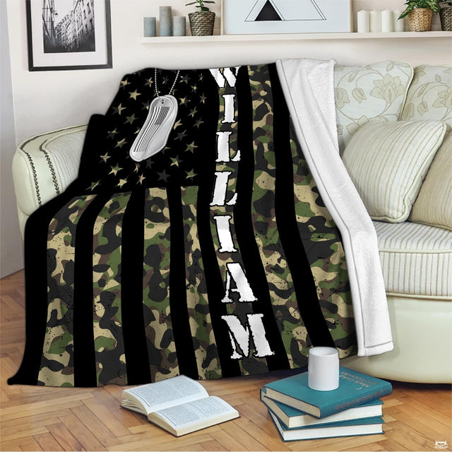 Detailed view of camo American flag bedding with vertical camouflage stripes and white canton stars.