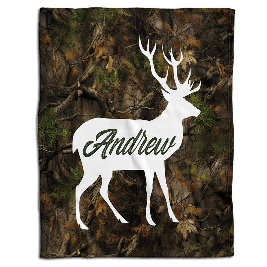Woodland hunting camouflage bedding set featuring earthy oak leaves and white deer stag silhouette graphic