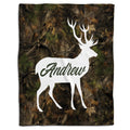 Woodland hunting camouflage bedding set featuring earthy oak leaves and white deer stag silhouette graphic