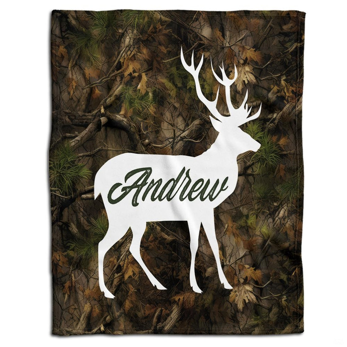 Woodland hunting camouflage bedding set featuring earthy oak leaves and white deer stag silhouette graphic