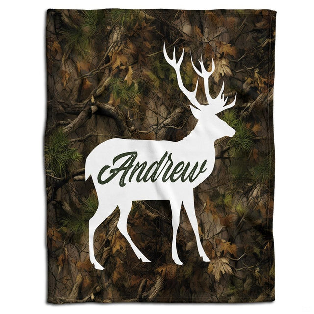 Woodland hunting camouflage bedding set featuring earthy oak leaves and white deer stag silhouette graphic