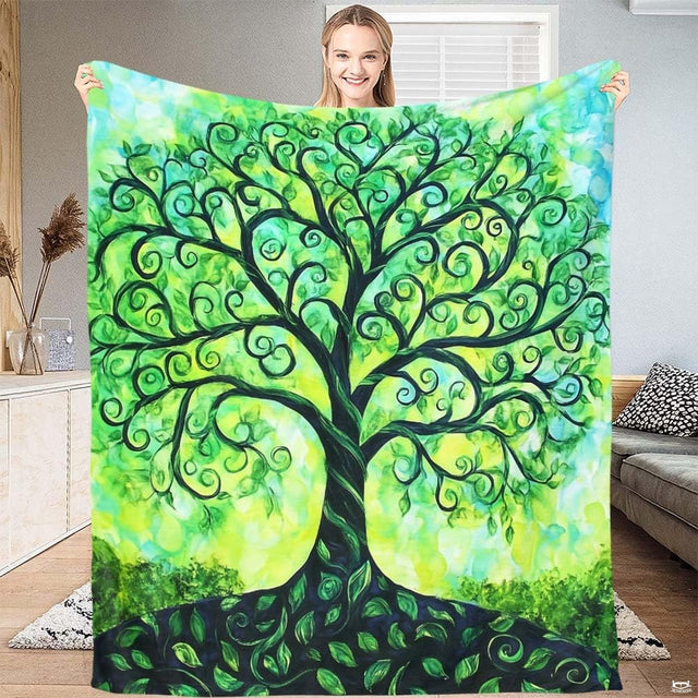 Celtic Tree of Life watercolor illustration with swirling branches and green leaves, view 1.