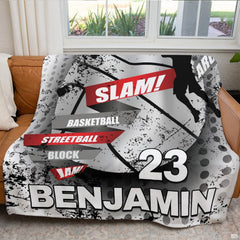 Urban dunk basketball throw blanket view 5 highlighting mid-air player silhouette and grunge graphics