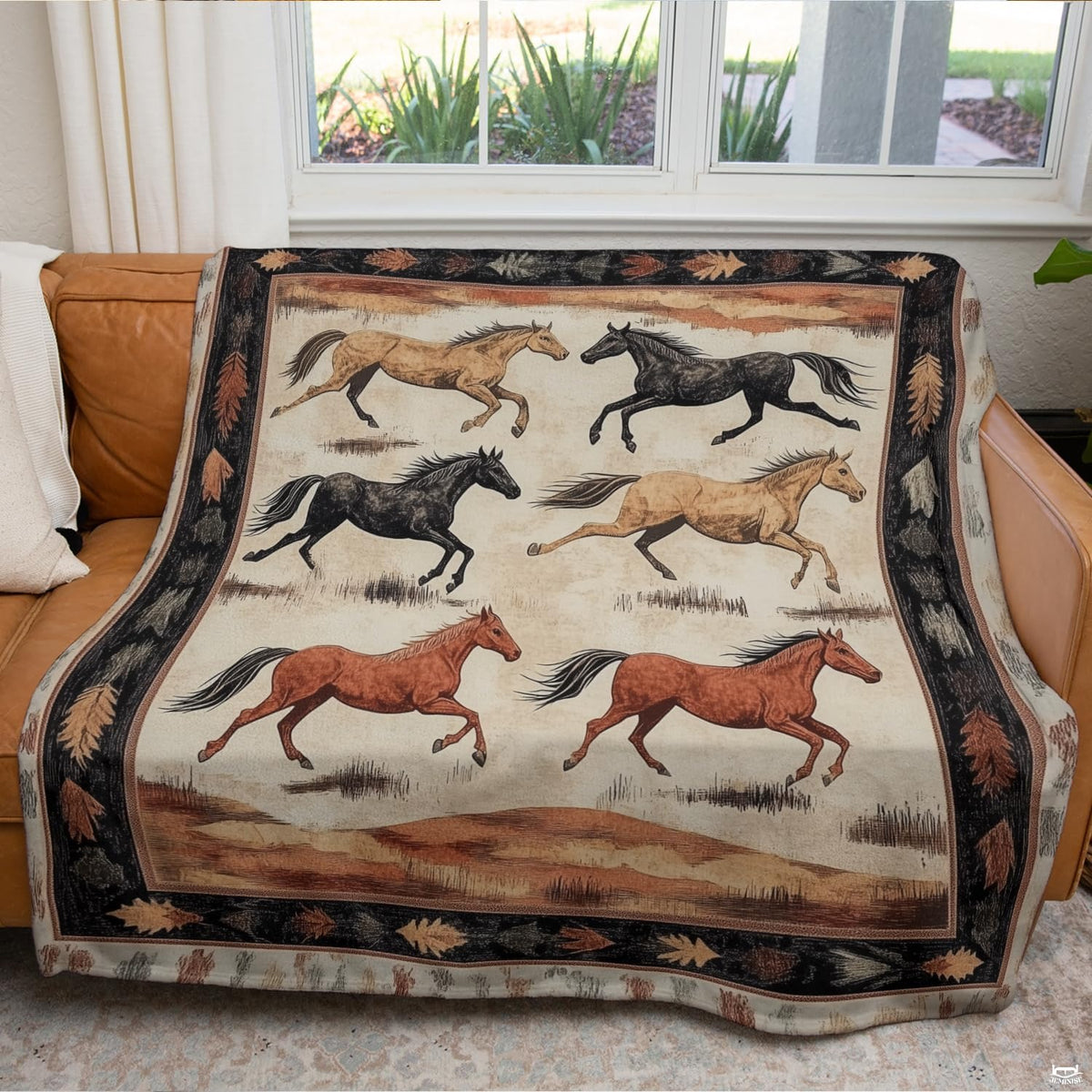 Equine motif bedding set displayed on a bed highlighting rustic neutral tones and artwork.