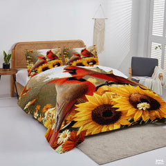 Autumn Cardinals Perched Above Large Sunflowers Quilt with Cardinal Birds