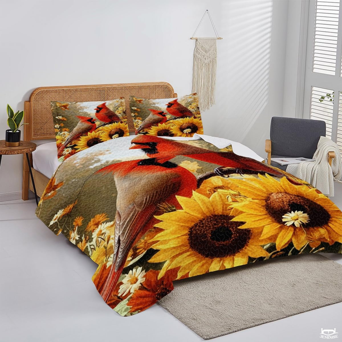 Autumn Cardinals Perched Above Large Sunflowers Quilt with Cardinal Birds