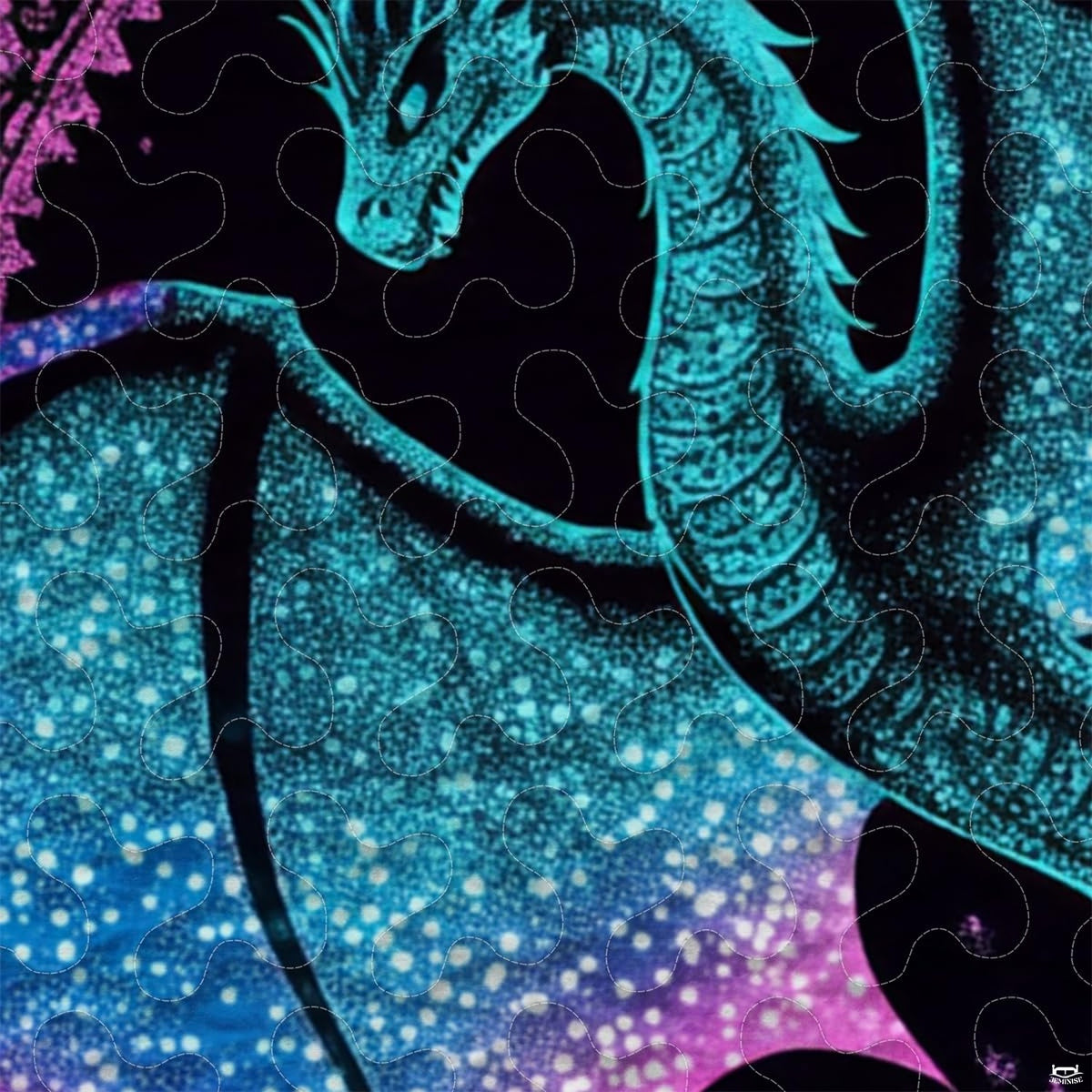 Close-up of turquoise dragon scales and star-speckled blue purple wing