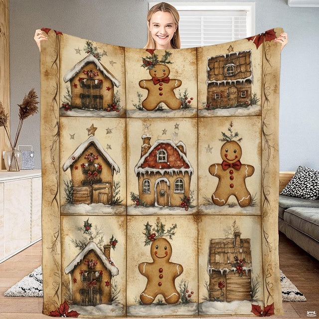 Gingerbread holiday sheets displaying watercolor winter cabins and gingerbread art on bedding.