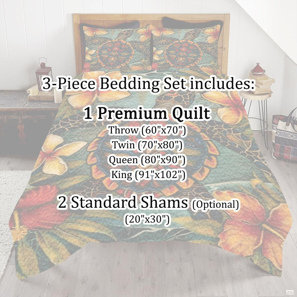 Full bedroom display of island hibiscus sea turtle tribal bedding styled with coastal room decor