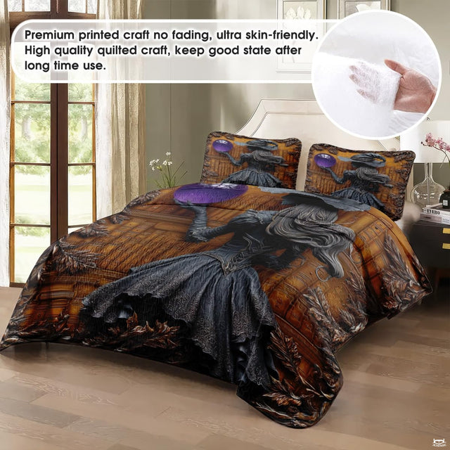 Silver-haired witch bedding in a softly lit bedroom
