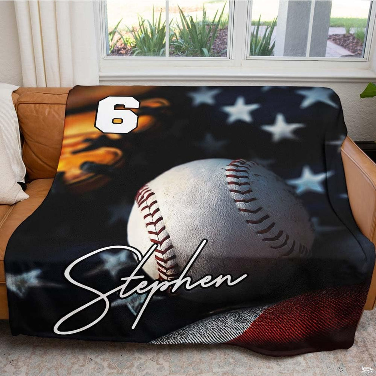 Patriotic baseball throw blanket view 5 highlighting stars and stripes flag, baseball details, and glove styling