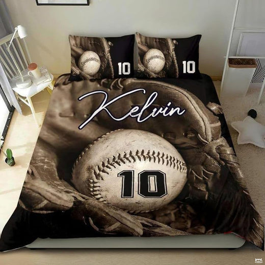 Vintage baseball bedding displaying classic fielding mitt cradling a ball rendered in rich sepia monochrome
