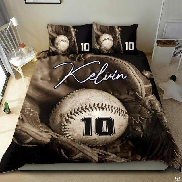 Vintage baseball bedding displaying classic fielding mitt cradling a ball rendered in rich sepia monochrome