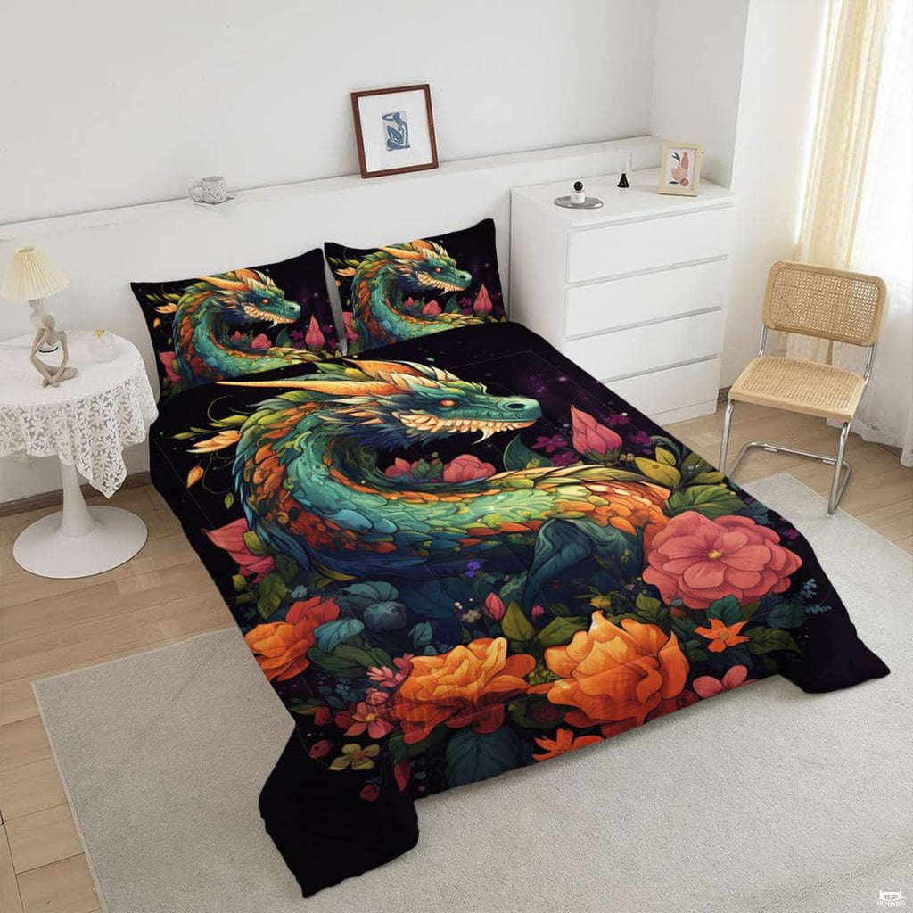 Top angle perspective of copper dragon fantasy bedding showing metallic scales, wings, and stardust prints.
