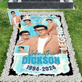 Turquoise memorial tribute blanket featuring painterly brushstrokes, multi-photo layout, and white dove.
