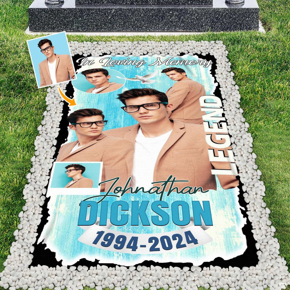Turquoise memorial tribute blanket featuring painterly brushstrokes, multi-photo layout, and white dove.