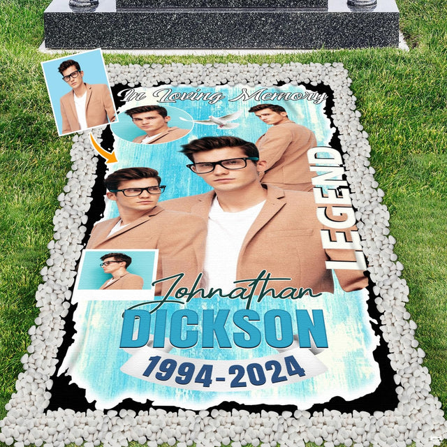 Turquoise memorial tribute blanket featuring painterly brushstrokes, multi-photo layout, and white dove.