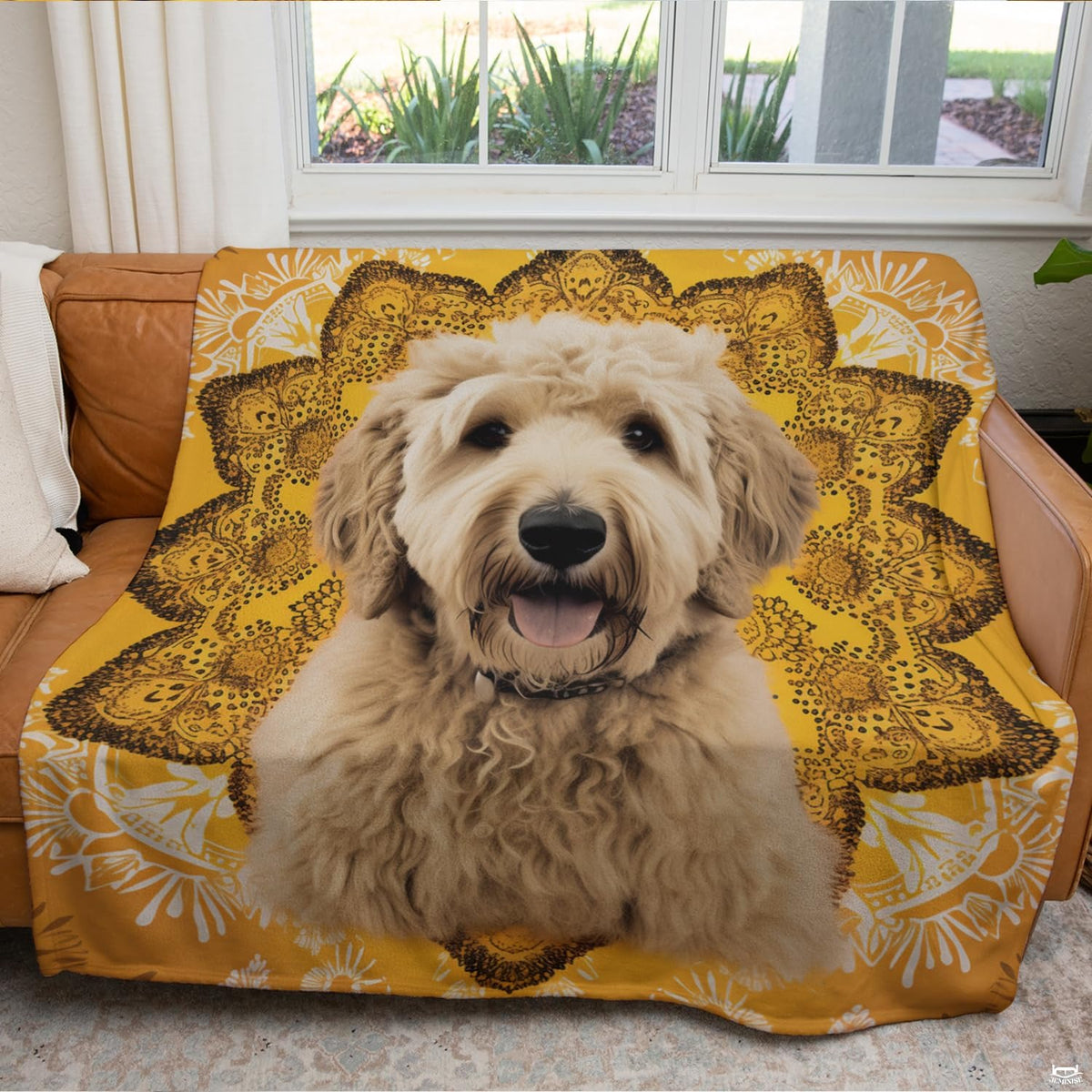 Sunflower mandala canine graphic blanket arranged over living room armchair