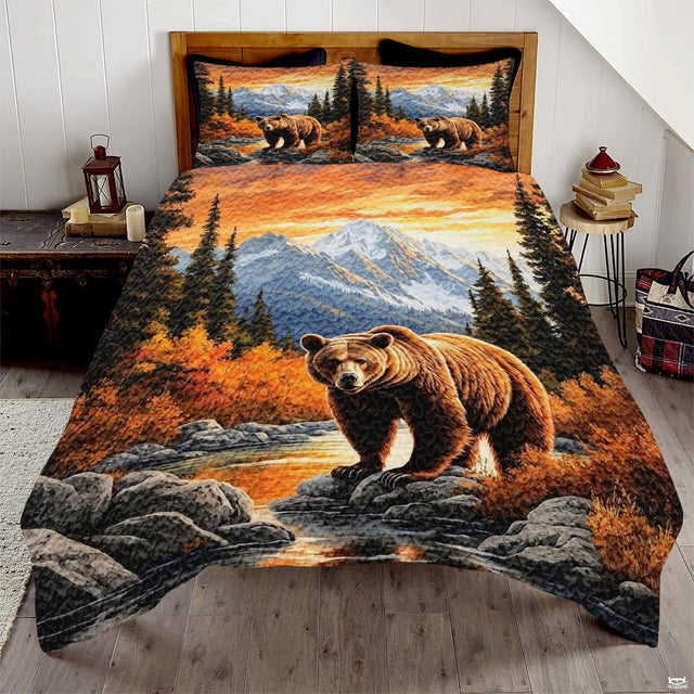 Vintage ochre bear family woodland bedding set displayed on a bed in a rustic lodge bedroom