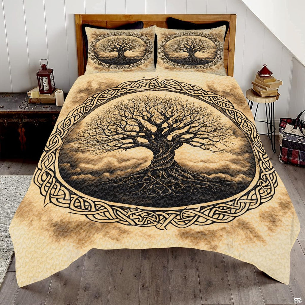 Celtic Tree of Life bedding set illustration over aged parchment tones.