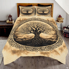 Celtic Tree of Life bedding set illustration over aged parchment tones.