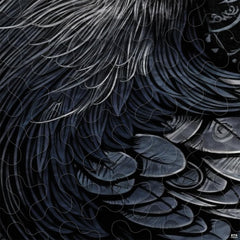 Close-up view of Viking bedding highlighting detailed raven feathers, Vegvisir compass, and runic knots