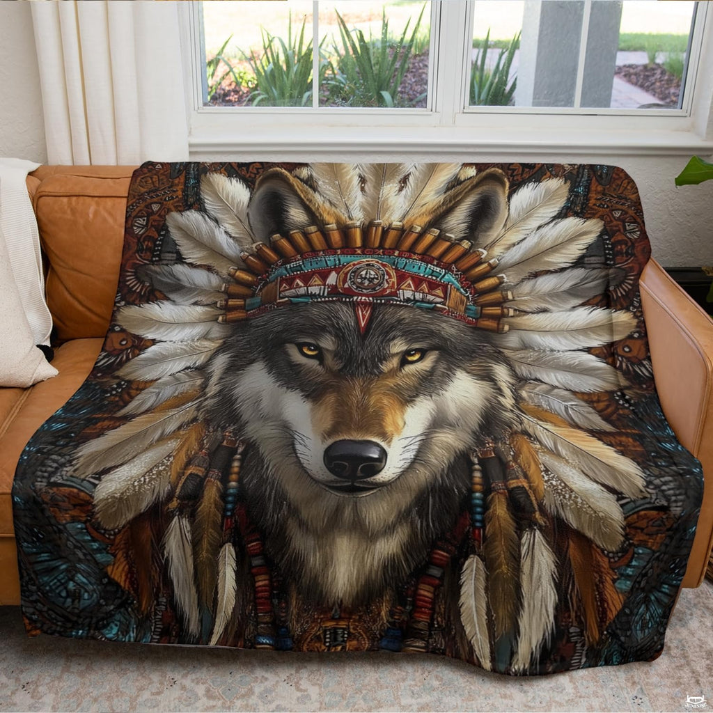 Bedroom lifestyle setting showcasing the Southwestern tribal wolf throw blanket styled on a bed.