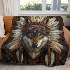 Bedroom lifestyle setting showcasing the Southwestern tribal wolf throw blanket styled on a bed.
