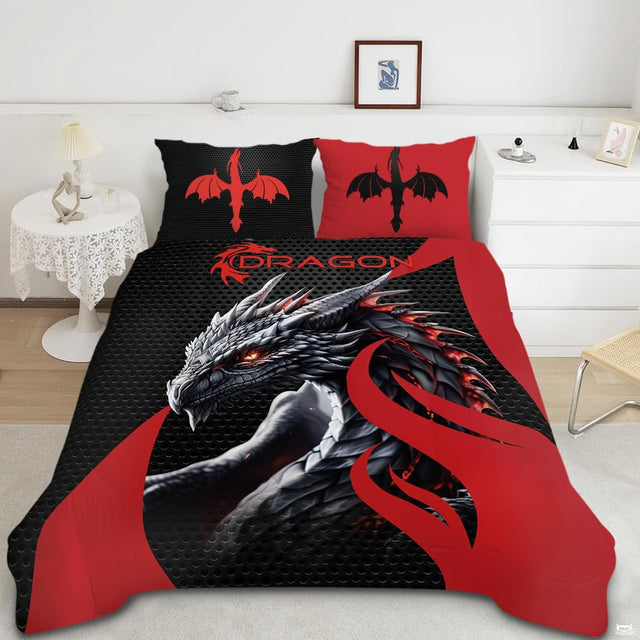 Gothic black red bedding set showcasing a silver dragon with glowing eyes amidst fiery crimson graphics.