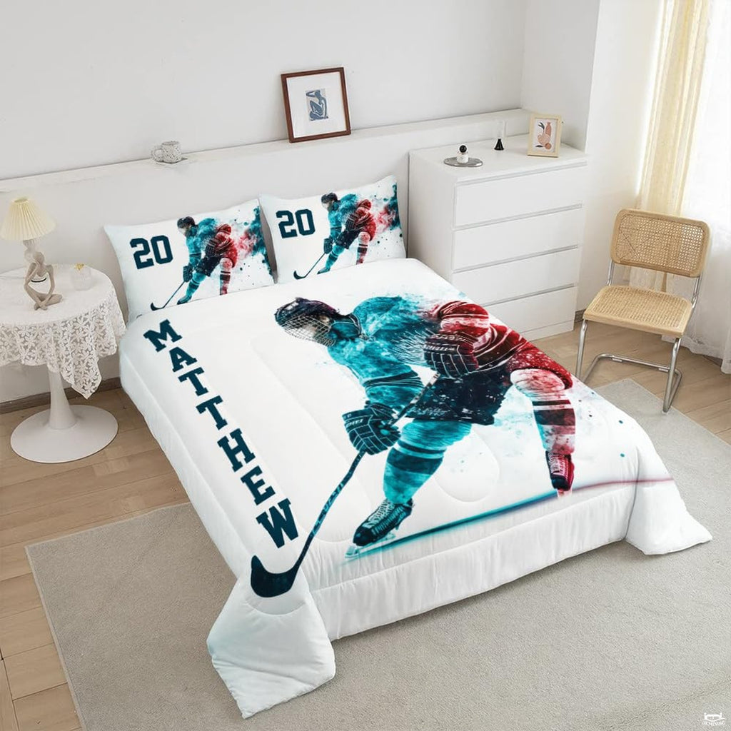 Close-up perspective of hockey bedding highlighting goalie silhouette, ice spray effects, and equipment graphics