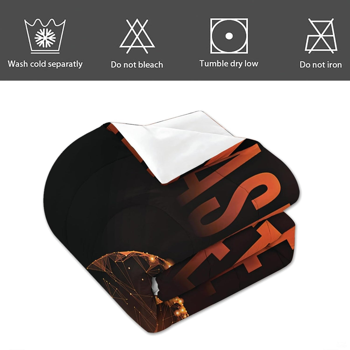 Detailed view of pillow shams and bedding border on neon orange basketball bedding in a teen bedroom