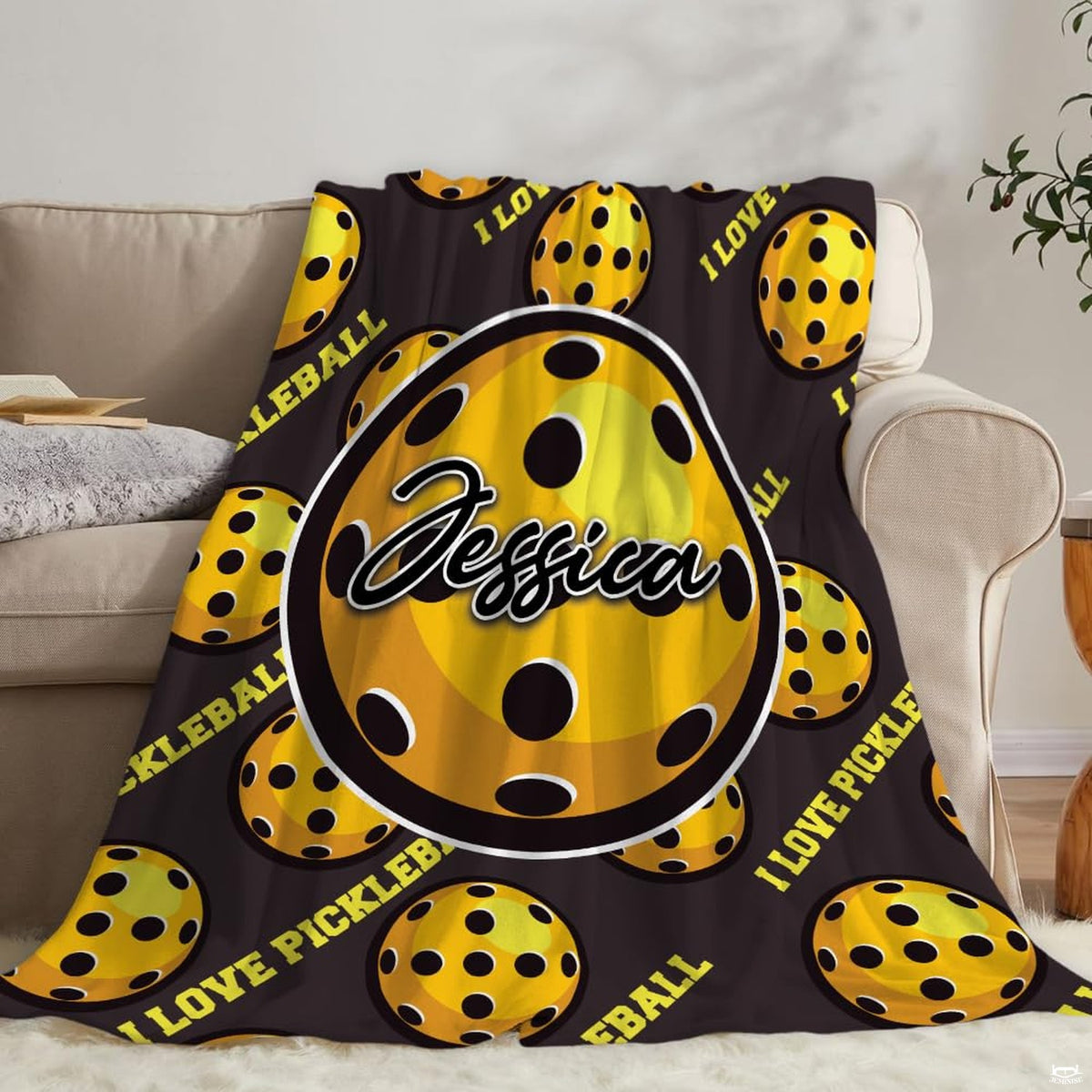 Yellow perforated pickleball pattern with central badge, view 6.