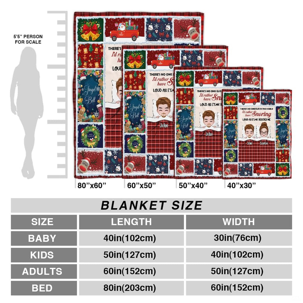 Christmas holiday couple throw blanket view 6 highlighting cartoon couple, holiday patches, and red plaid accents