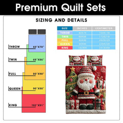 Seasonal holiday bedroom scene centered on the vibrant Santa Claus bedding with decorated evergreen tree accents.