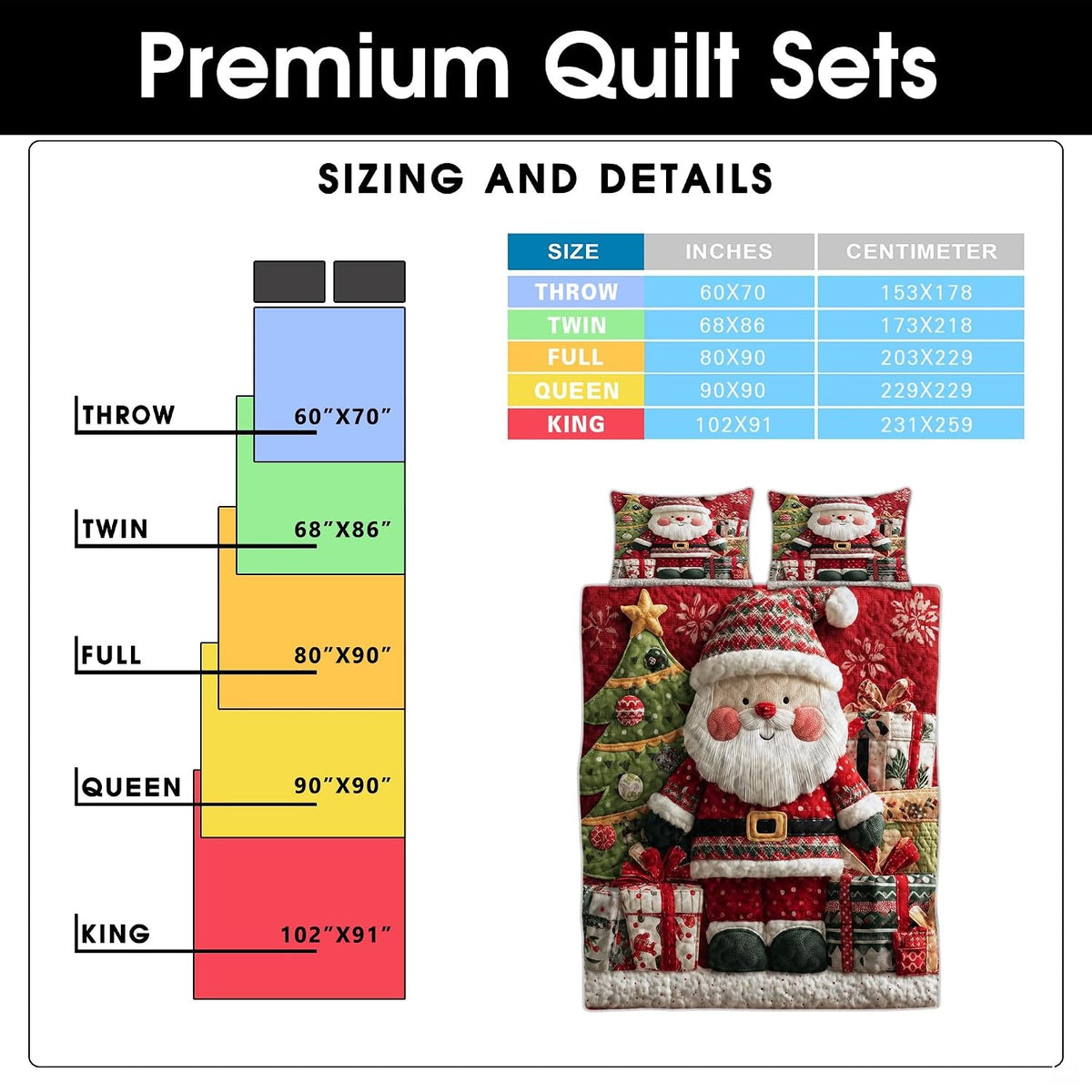 Seasonal holiday bedroom scene centered on the vibrant Santa Claus bedding with decorated evergreen tree accents.