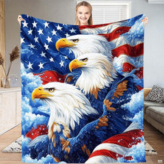 Patriotic bedding set featuring three bald eagles and a waving American flag in navy, red, and gold.