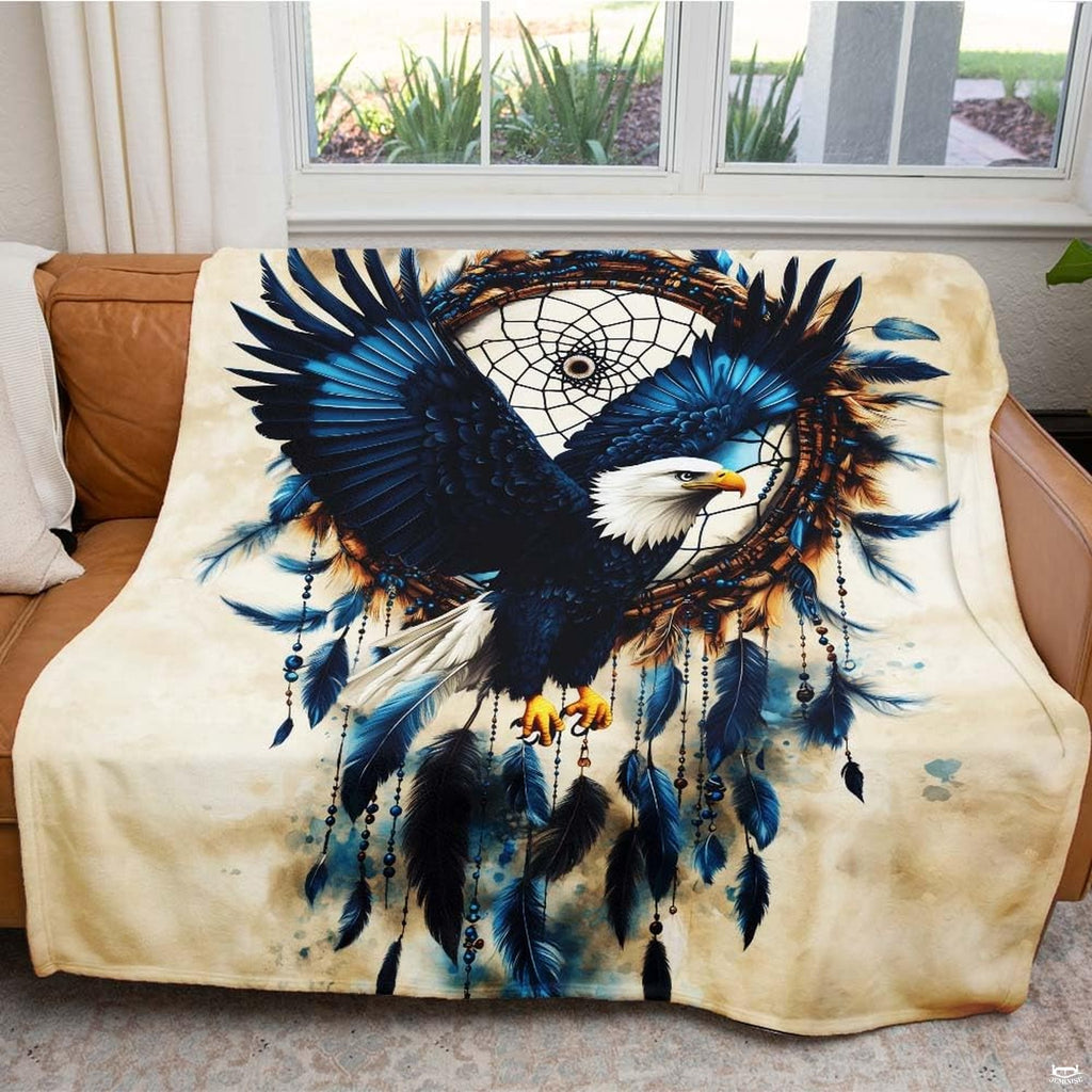 Bald eagle dreamcatcher throw blanket view 5 highlighting eagle wings, beads, and hanging feathers