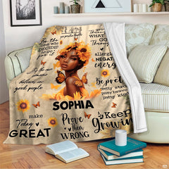 Full flat overview of the sunflower queen inspirational woman blanket.